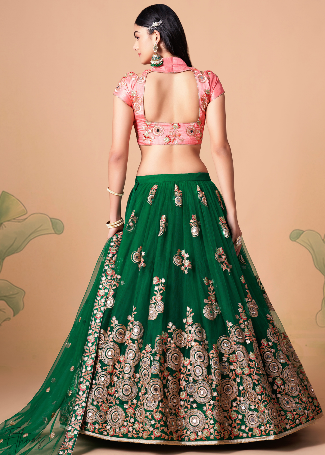 Jewel Green Opulent Floral Mirror Net Lehenga