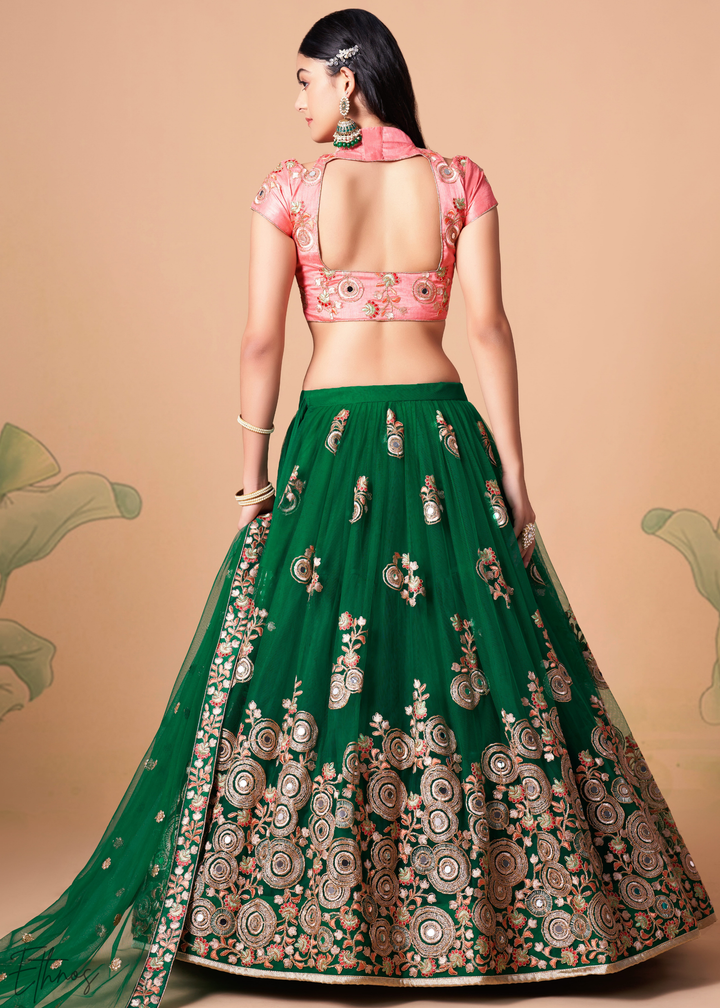 Jewel Green Opulent Floral Mirror Net Lehenga