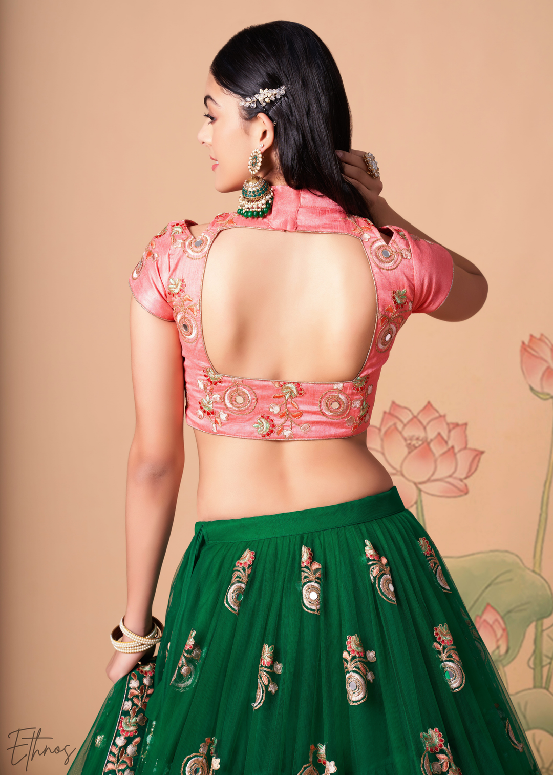 Jewel Green Opulent Floral Mirror Net Lehenga