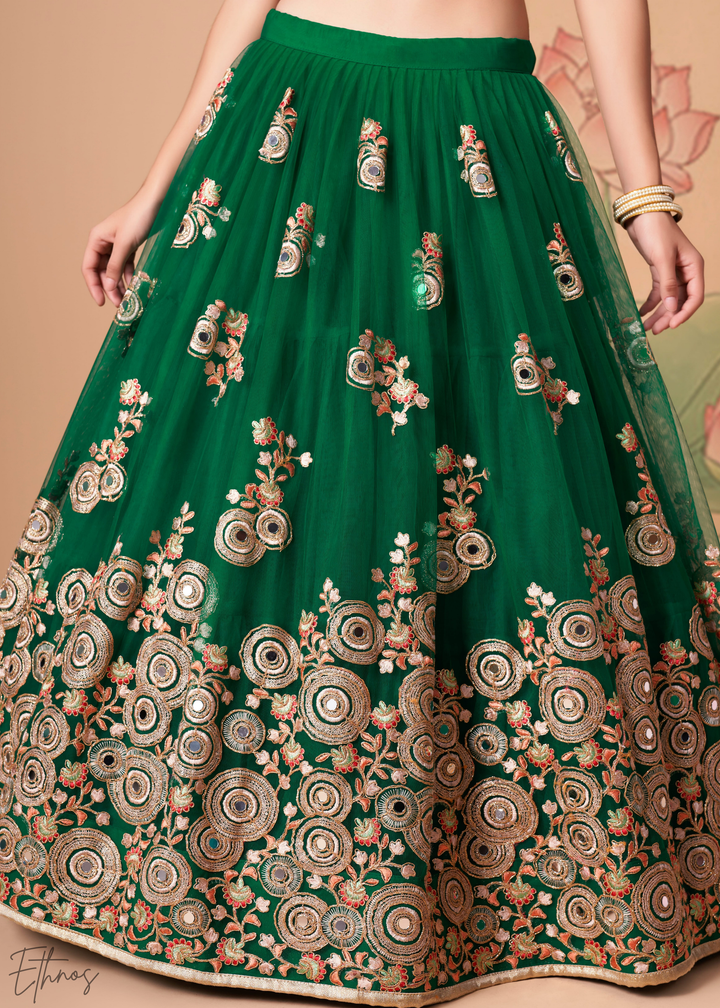 Jewel Green Opulent Floral Mirror Net Lehenga