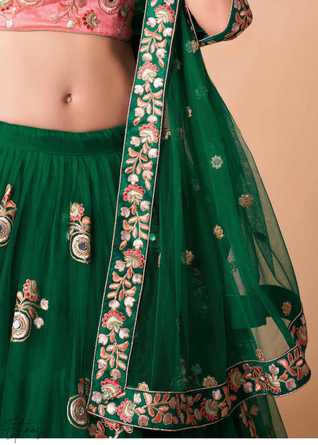 Jewel Green Opulent Floral Mirror Net Lehenga