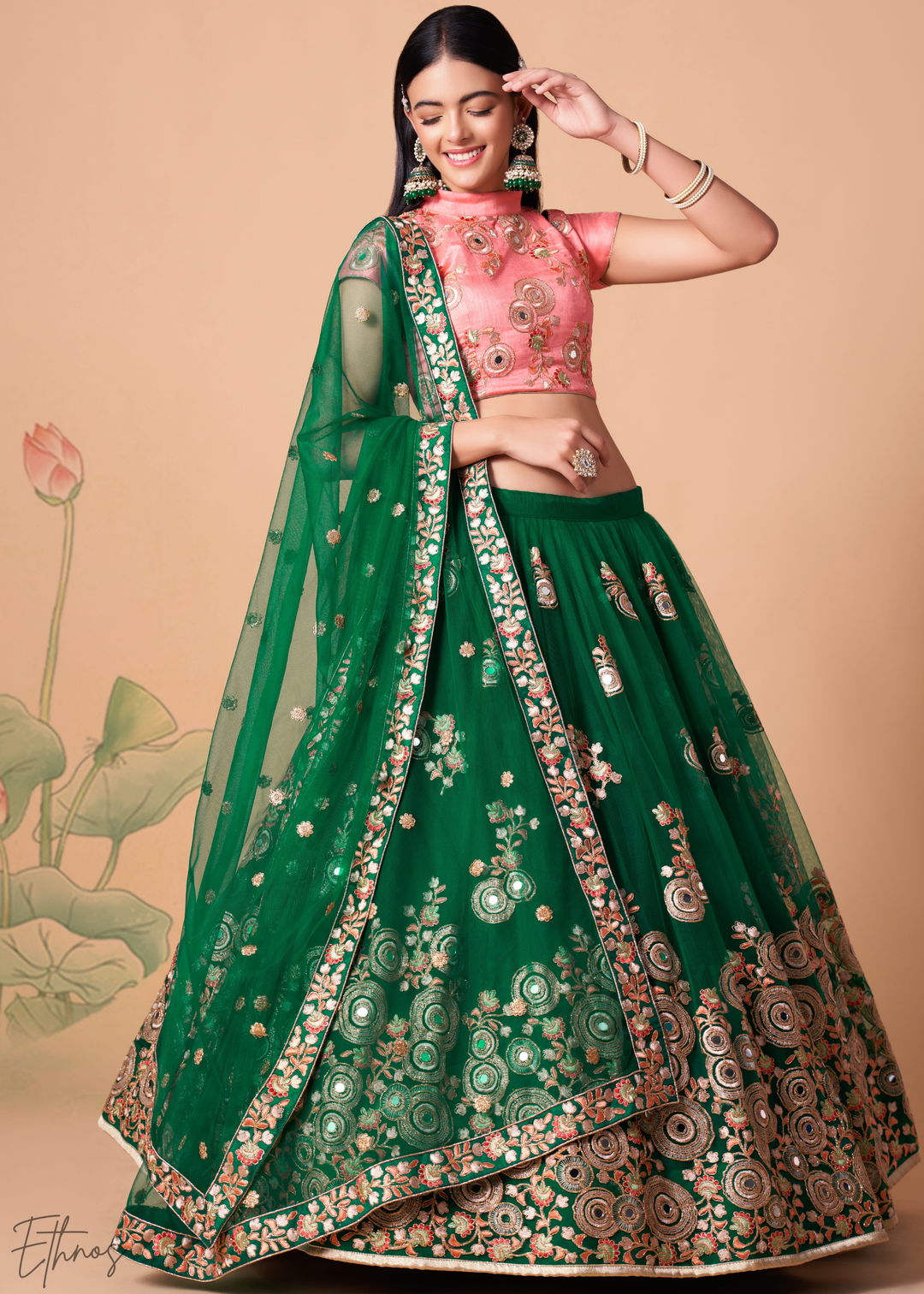 Jewel Green Opulent Floral Mirror Net Lehenga