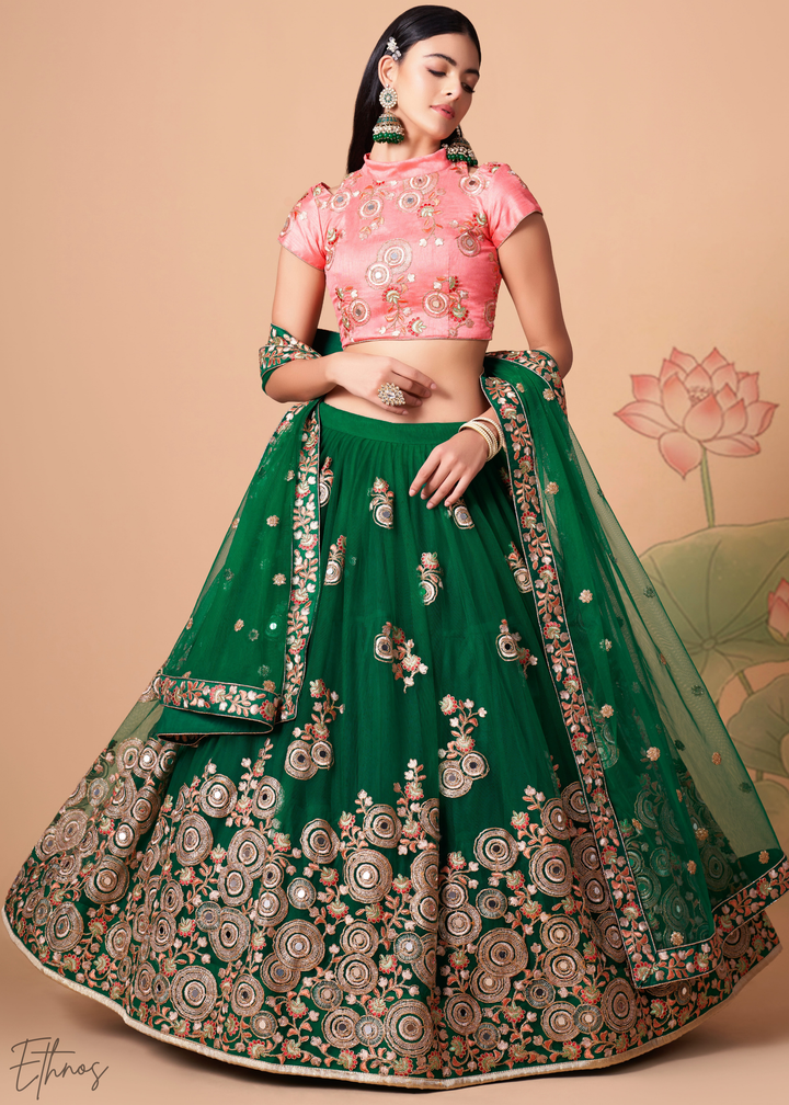 Jewel Green Opulent Floral Mirror Net Lehenga