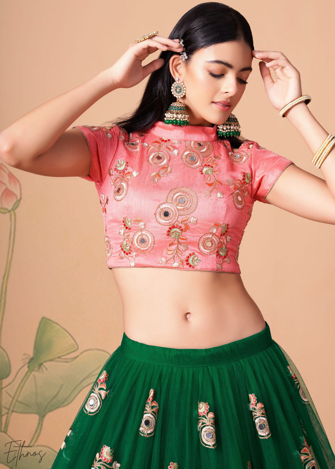 Jewel Green Opulent Floral Mirror Net Lehenga