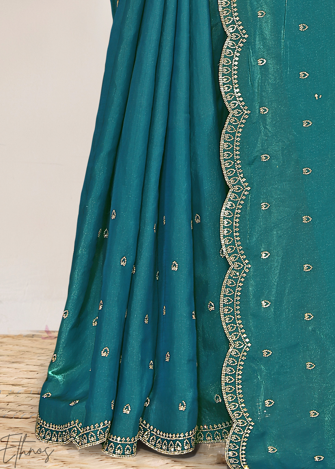 Juniper Blue Scallop Stippled Satin Silk Saree