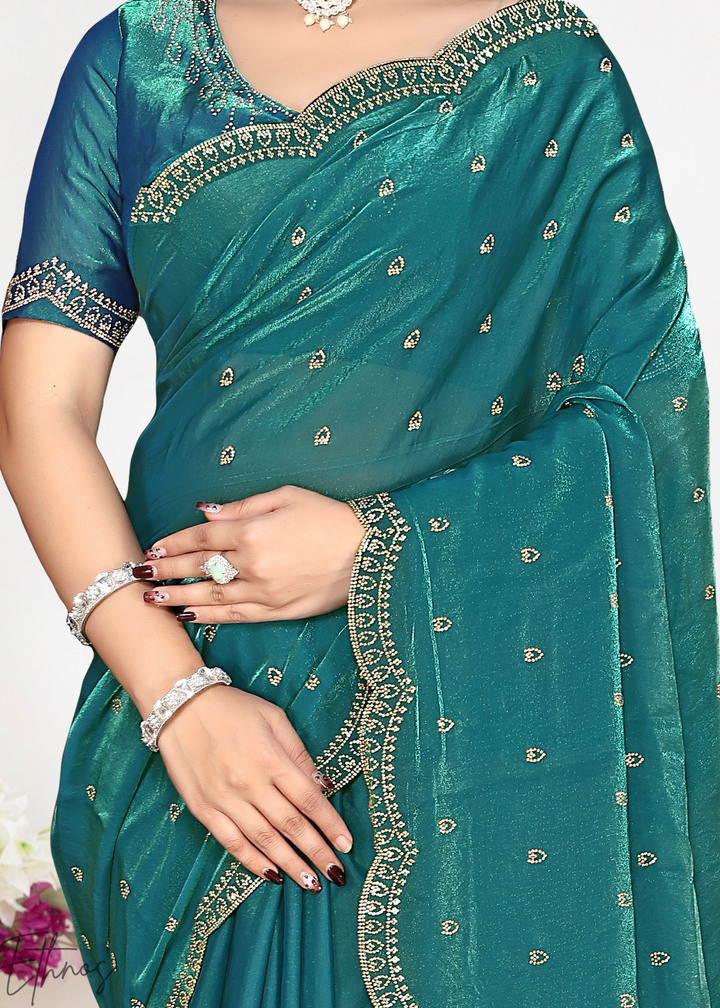 Juniper Blue Scallop Stippled Satin Silk Saree