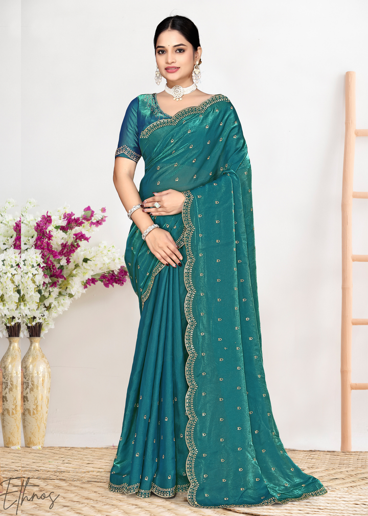 Juniper Blue Scallop Stippled Satin Silk Saree