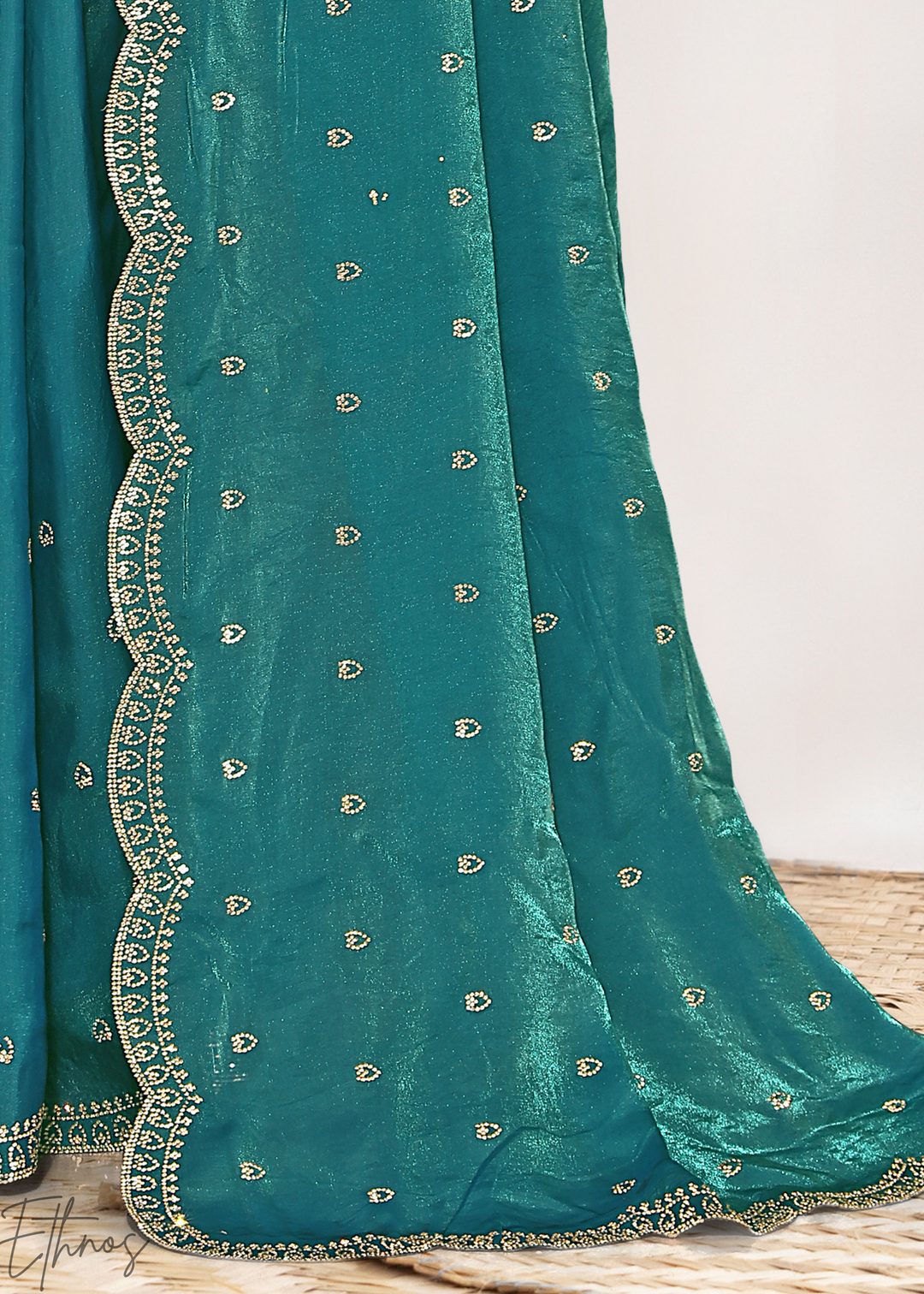 Juniper Blue Scallop Stippled Satin Silk Saree