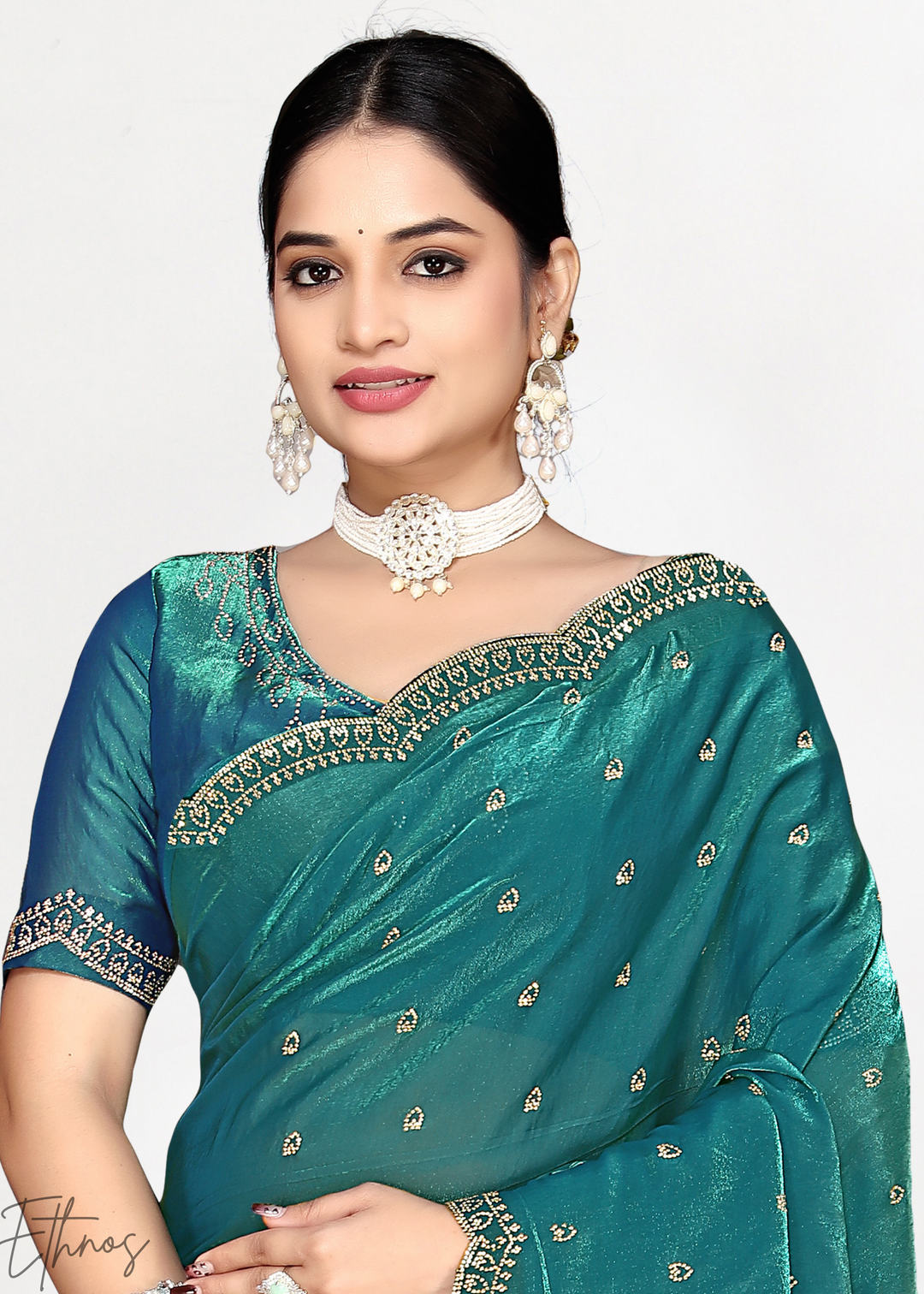 Juniper Blue Scallop Stippled Satin Silk Saree