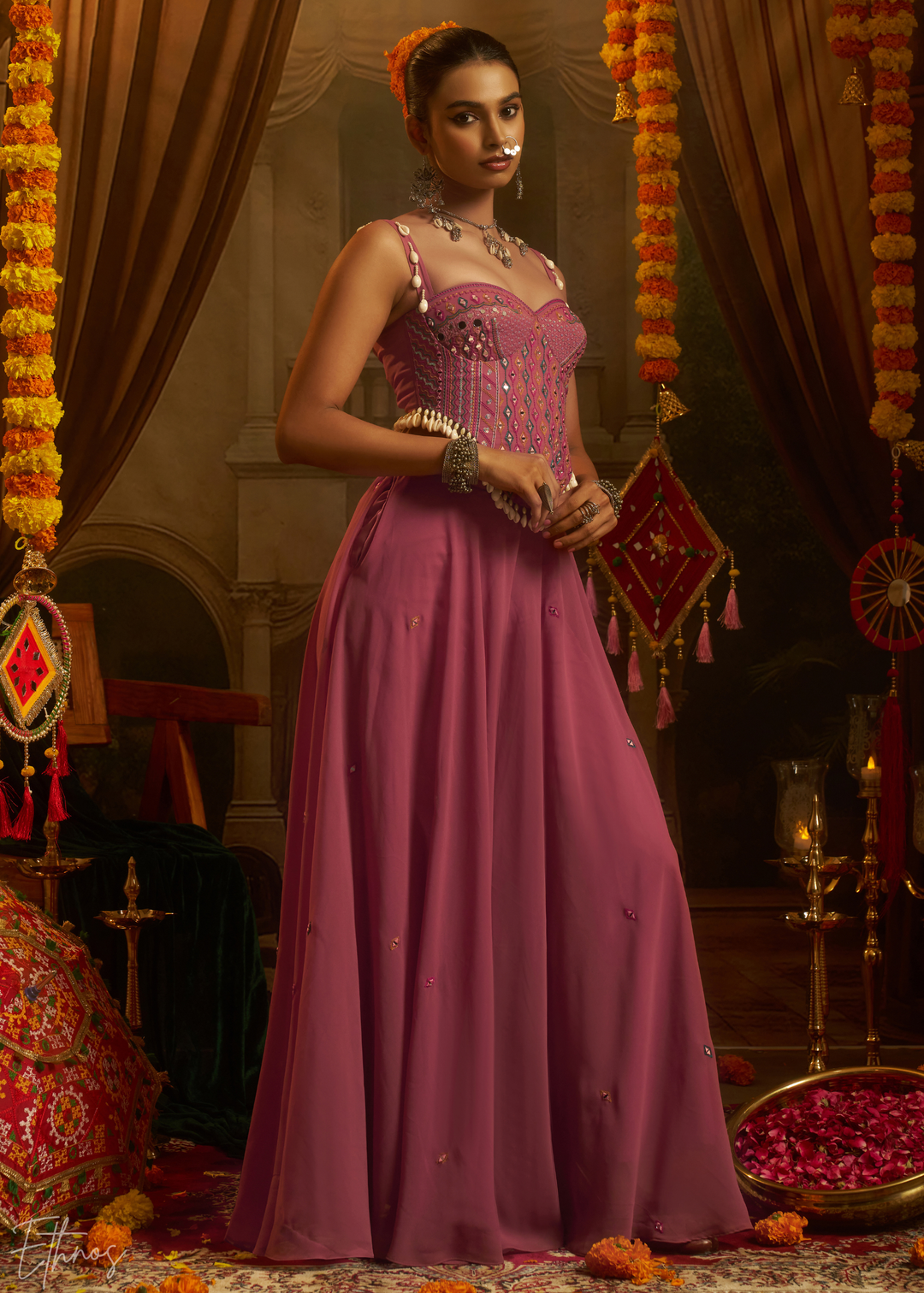 Kunzite Mirror Embellished Georgette Palazzo Suit