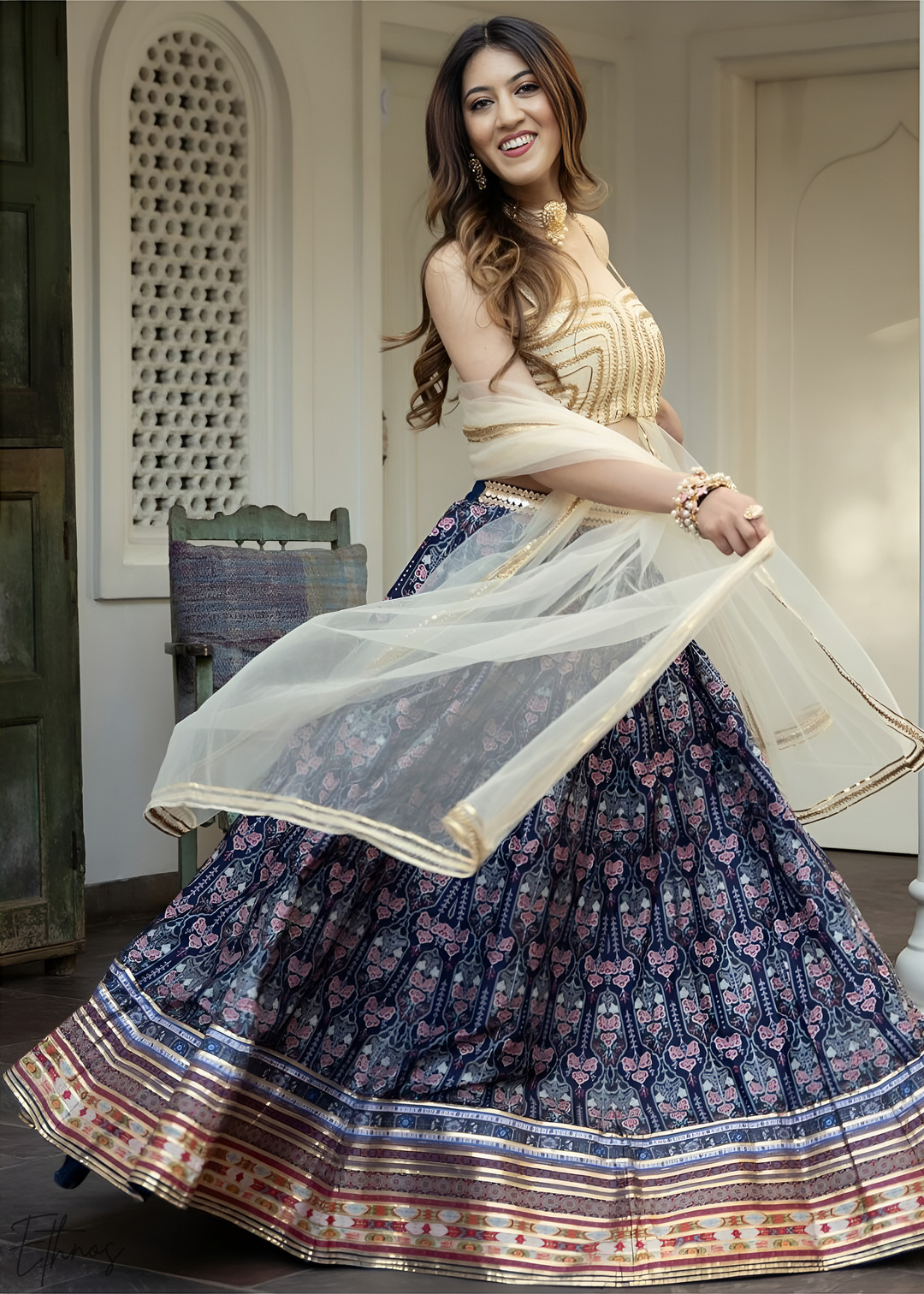 Lapis Nocturnal Blossom Silk Lehenga