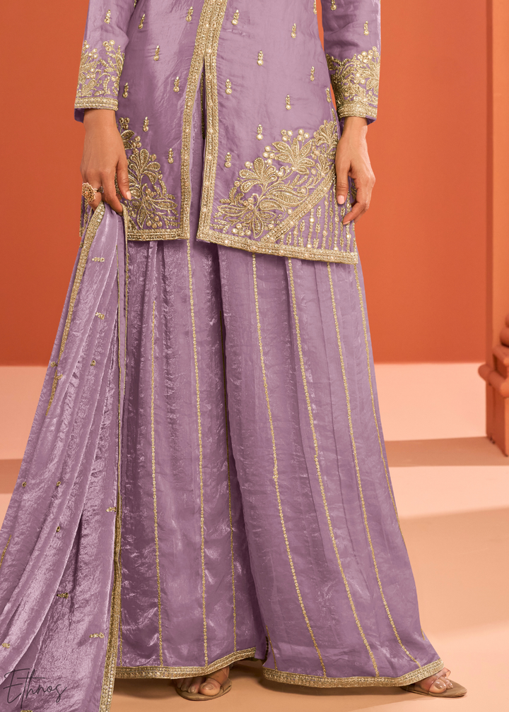 Lavender Embroidered Fandy Silk Palazzo Suit