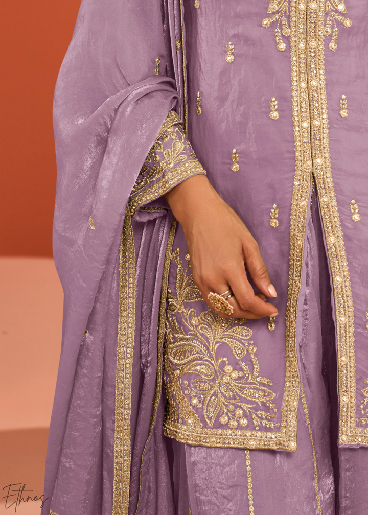 Lavender Embroidered Fandy Silk Palazzo Suit