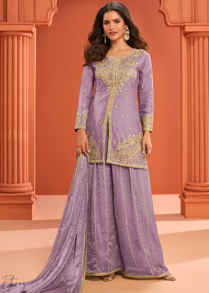 Lavender Embroidered Fandy Silk Palazzo Suit