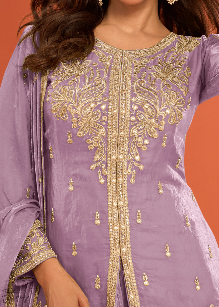 Lavender Embroidered Fandy Silk Palazzo Suit