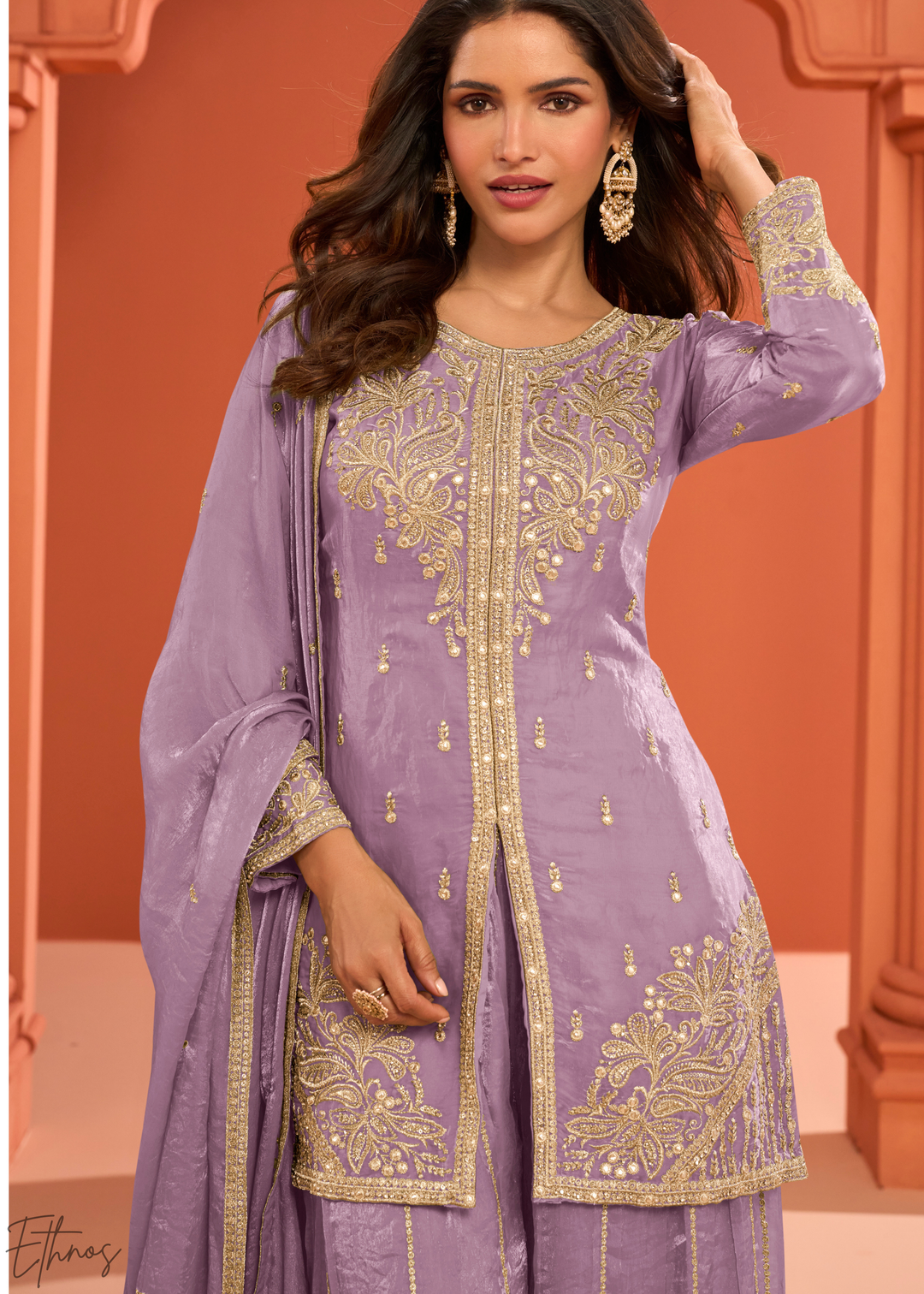 Lavender Embroidered Fandy Silk Palazzo Suit