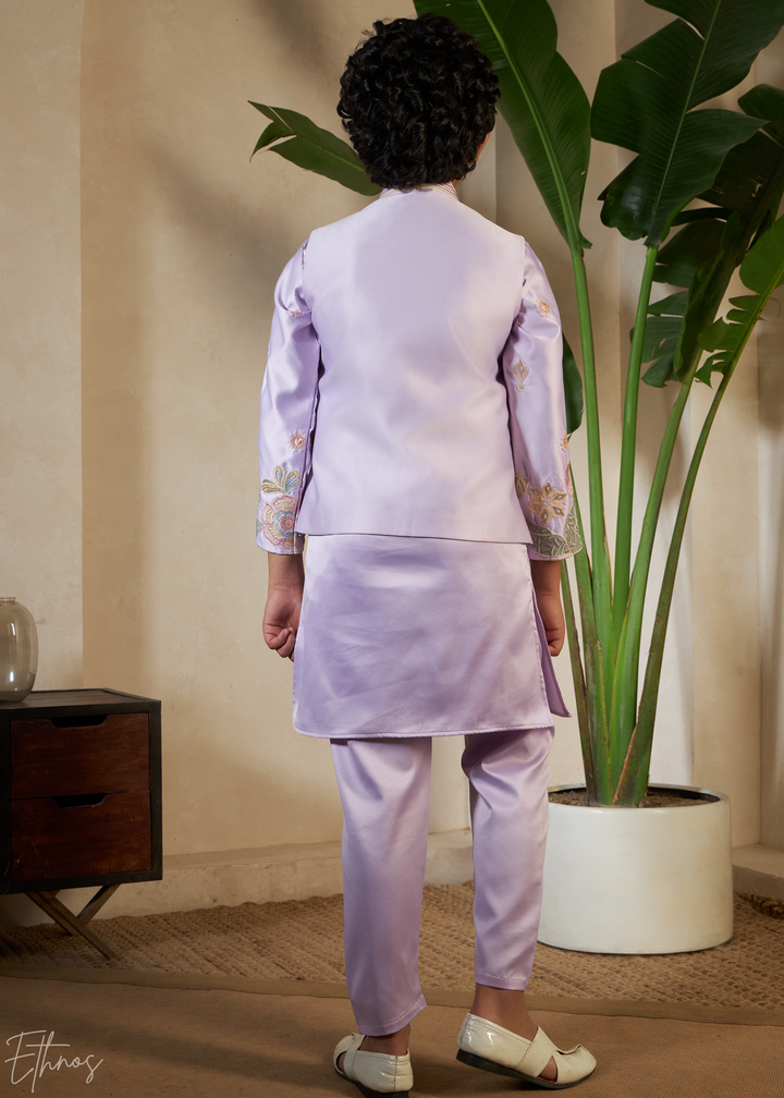 Lavender Embroidered Jacket With Satin Kurta Pajama
