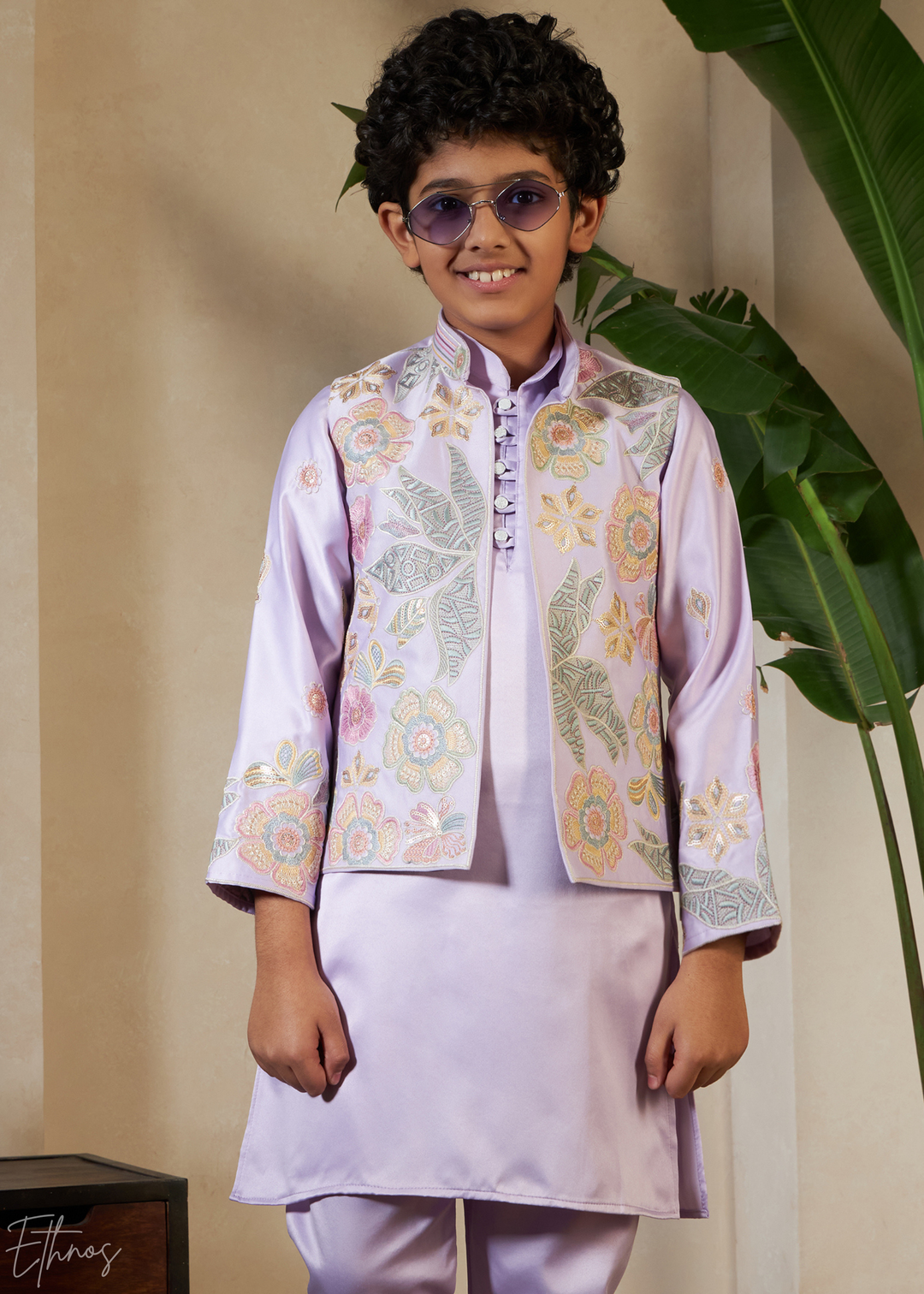 Lavender Embroidered Jacket With Satin Kurta Pajama