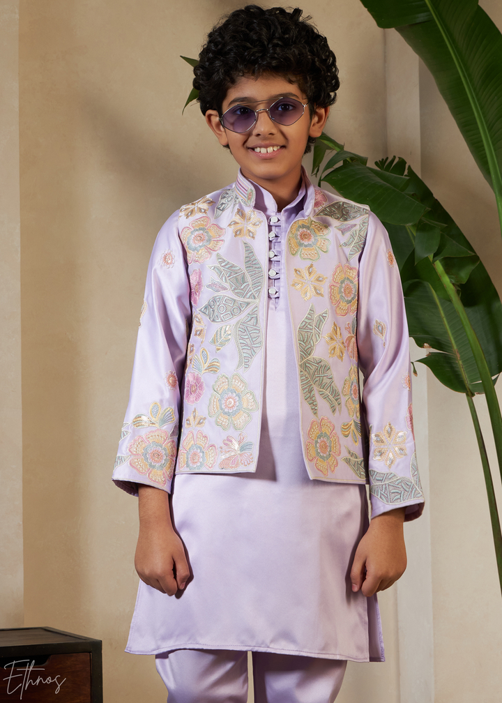 Lavender Embroidered Jacket With Satin Kurta Pajama