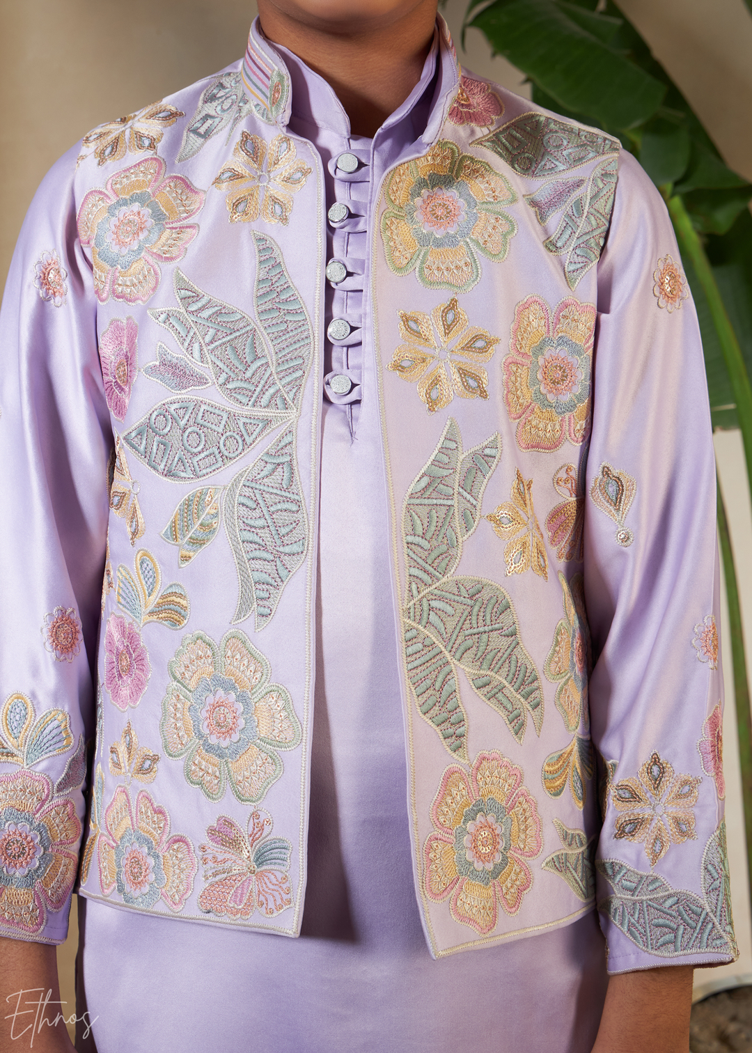 Lavender Embroidered Jacket With Satin Kurta Pajama