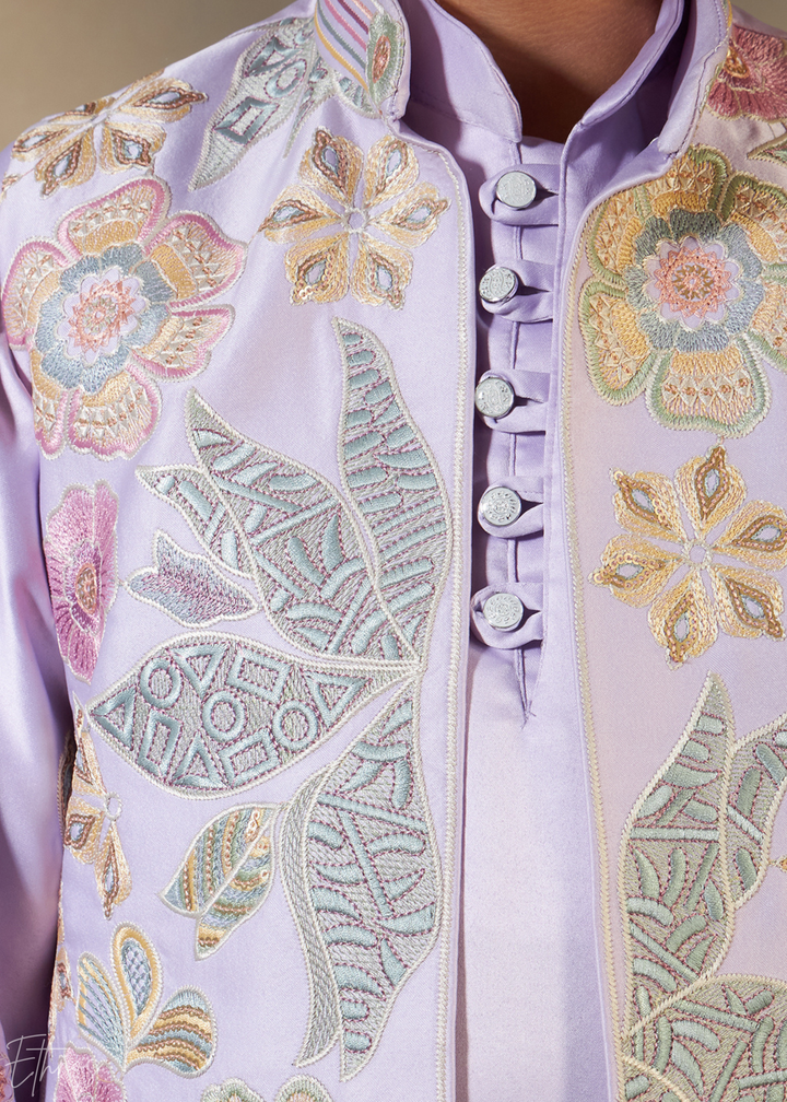 Lavender Embroidered Jacket With Satin Kurta Pajama