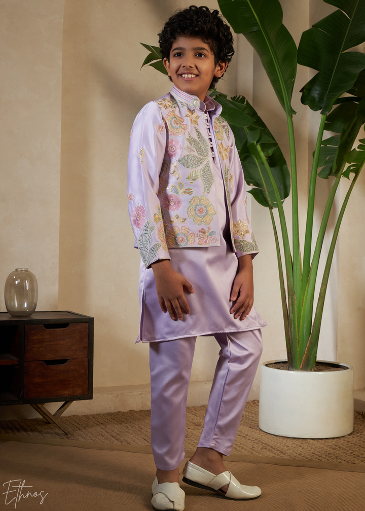 Lavender Embroidered Jacket With Satin Kurta Pajama