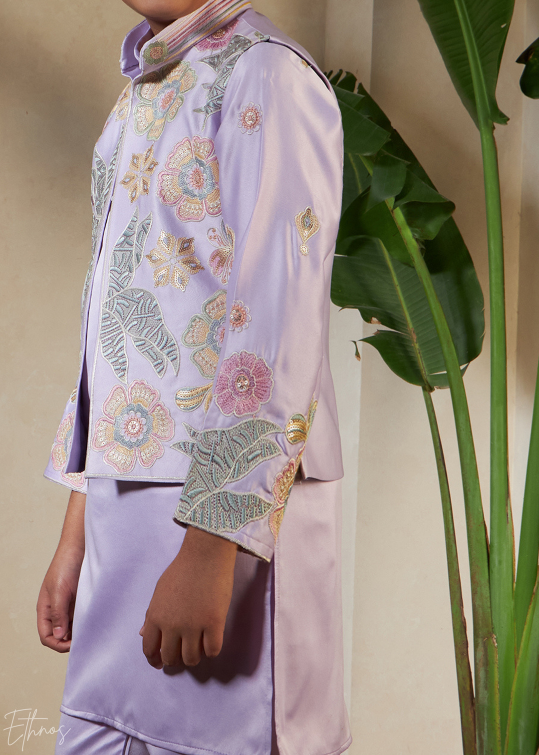 Lavender Embroidered Jacket With Satin Kurta Pajama