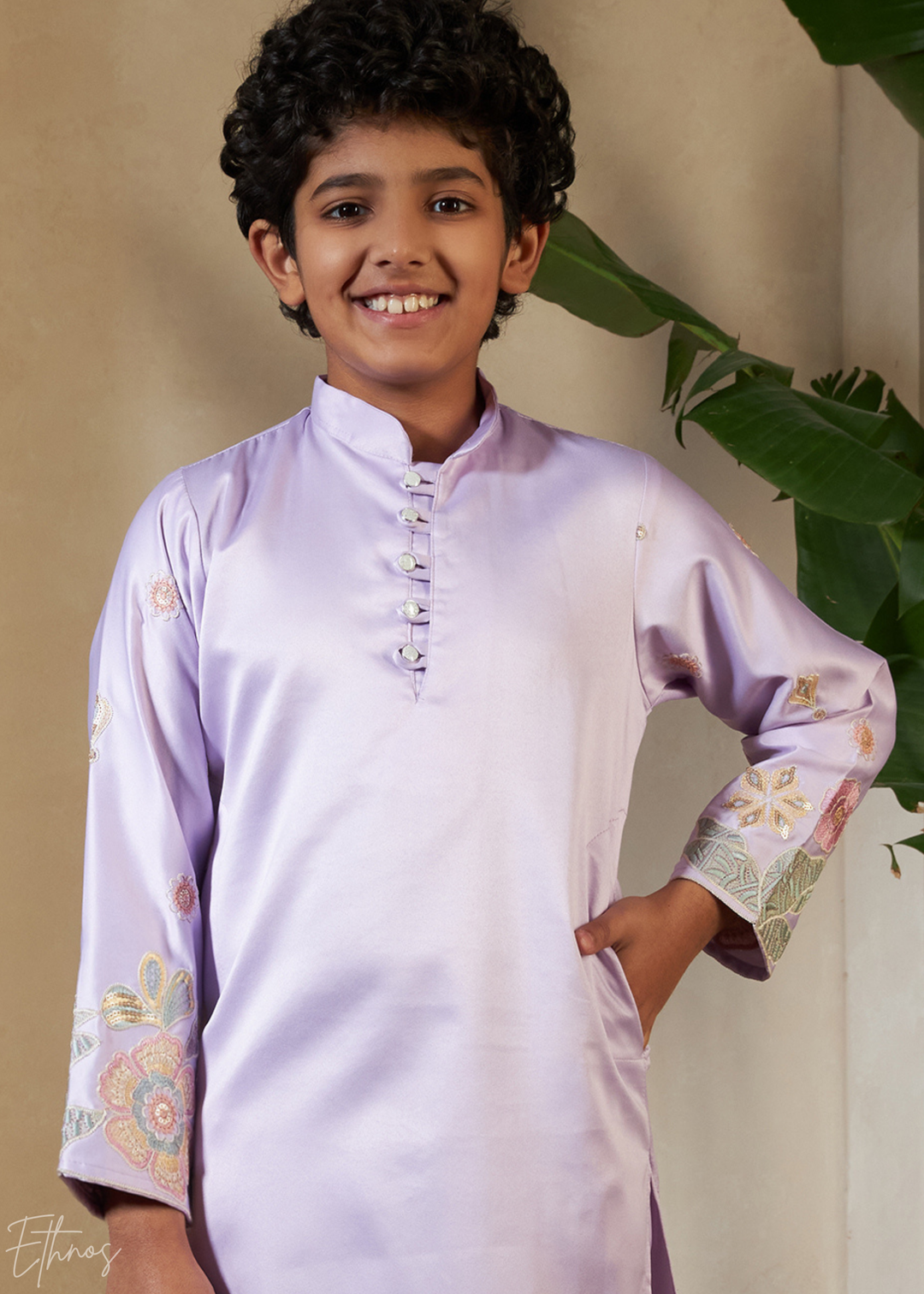 Lavender Embroidered Jacket With Satin Kurta Pajama