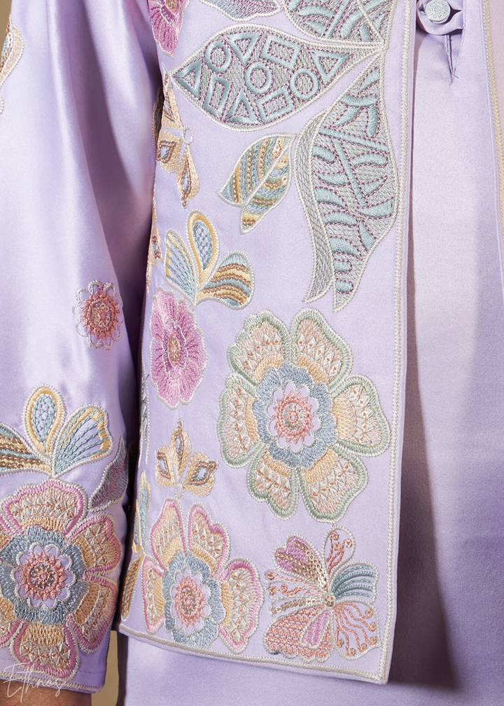 Lavender Embroidered Jacket With Satin Kurta Pajama