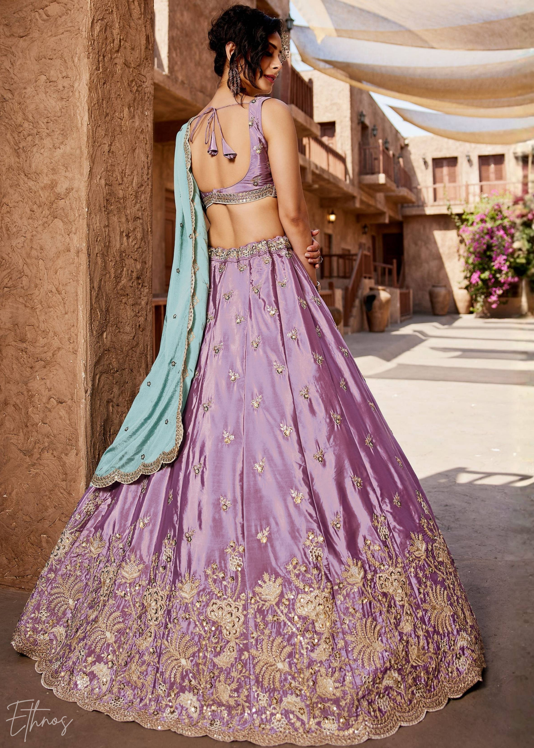 Lavender Embroidered Scalloped-Border Silk Lehenga