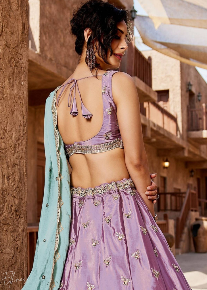 Lavender Embroidered Scalloped-Border Silk Lehenga