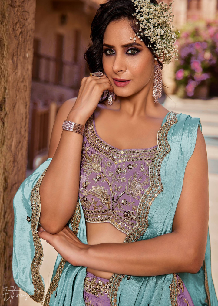 Lavender Embroidered Scalloped-Border Silk Lehenga