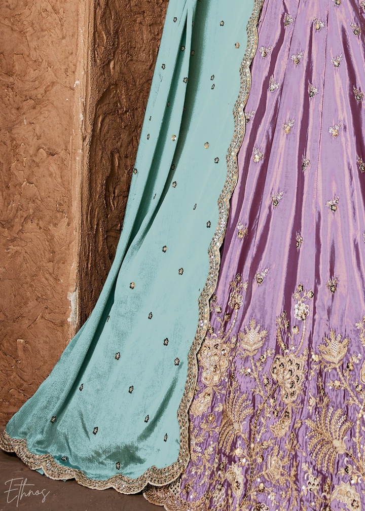 Lavender Embroidered Scalloped-Border Silk Lehenga