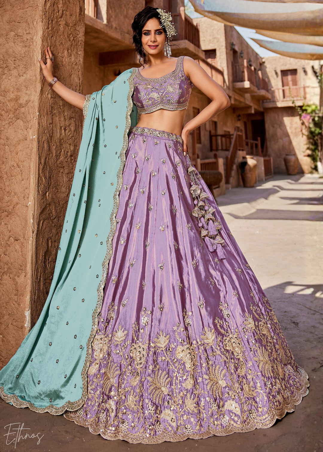 Lavender Embroidered Scalloped-Border Silk Lehenga