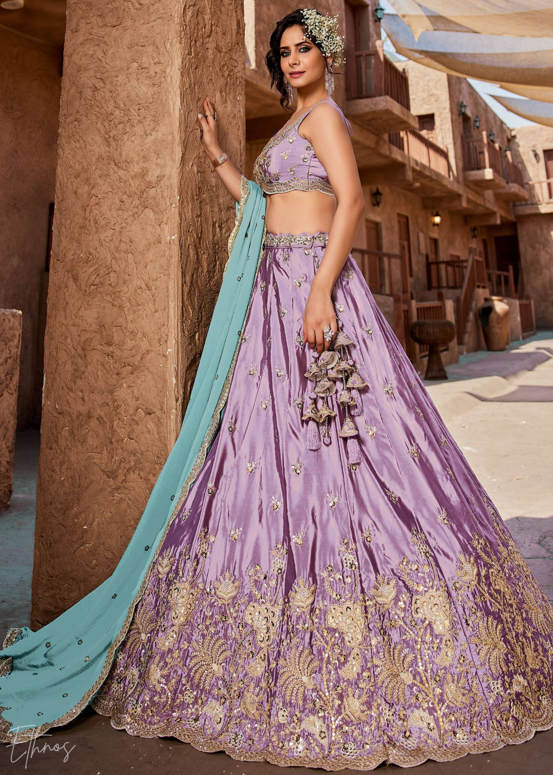Lavender Embroidered Scalloped-Border Silk Lehenga