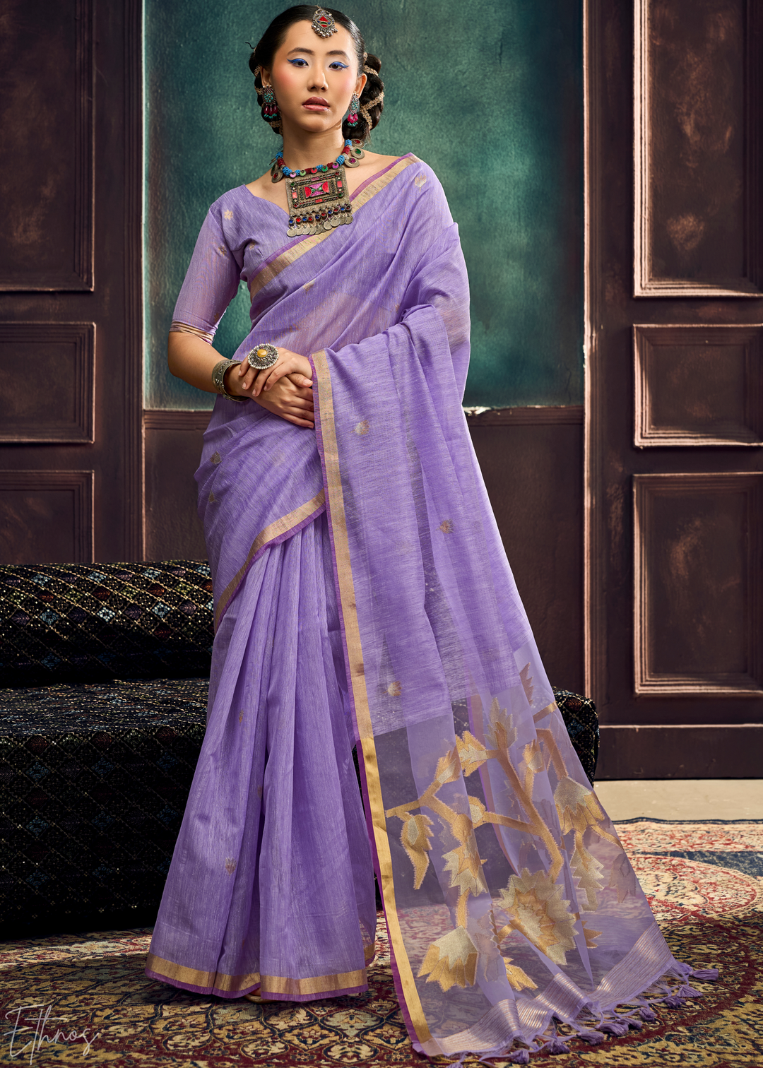 Lavender Flora Pallu Munga Silk Saree