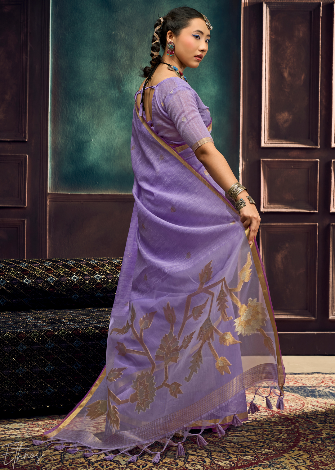 Lavender Flora Pallu Munga Silk Saree