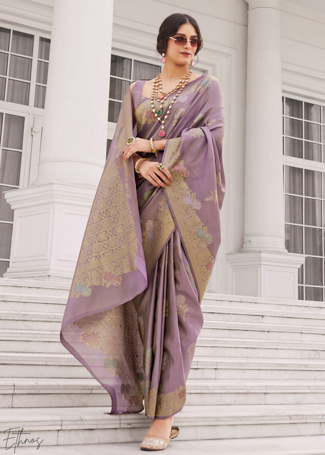 Lavender Grey Damask Kora Silk Saree