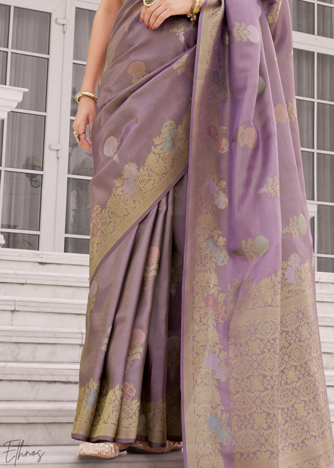 Lavender Grey Damask Kora Silk Saree