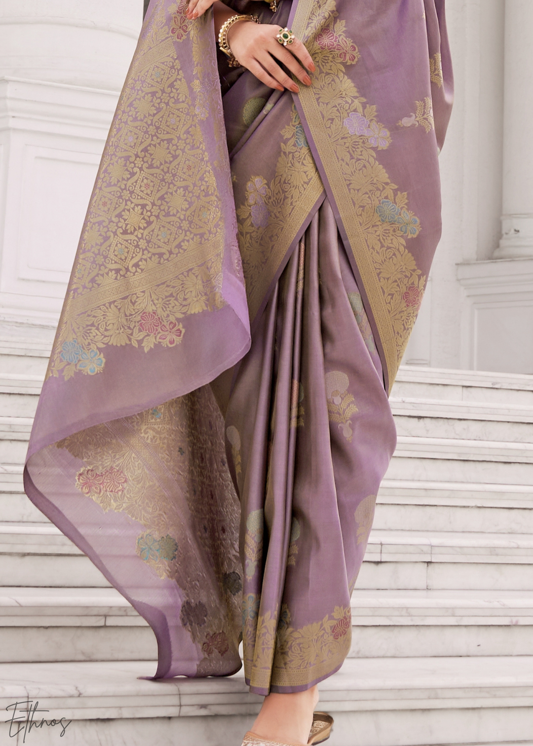 Lavender Grey Damask Kora Silk Saree