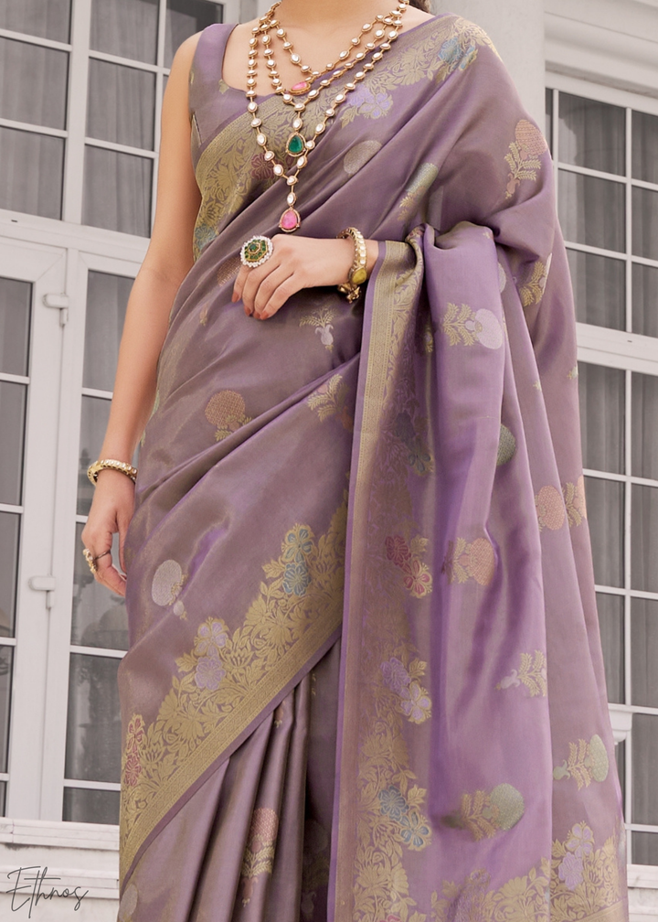 Lavender Grey Damask Kora Silk Saree