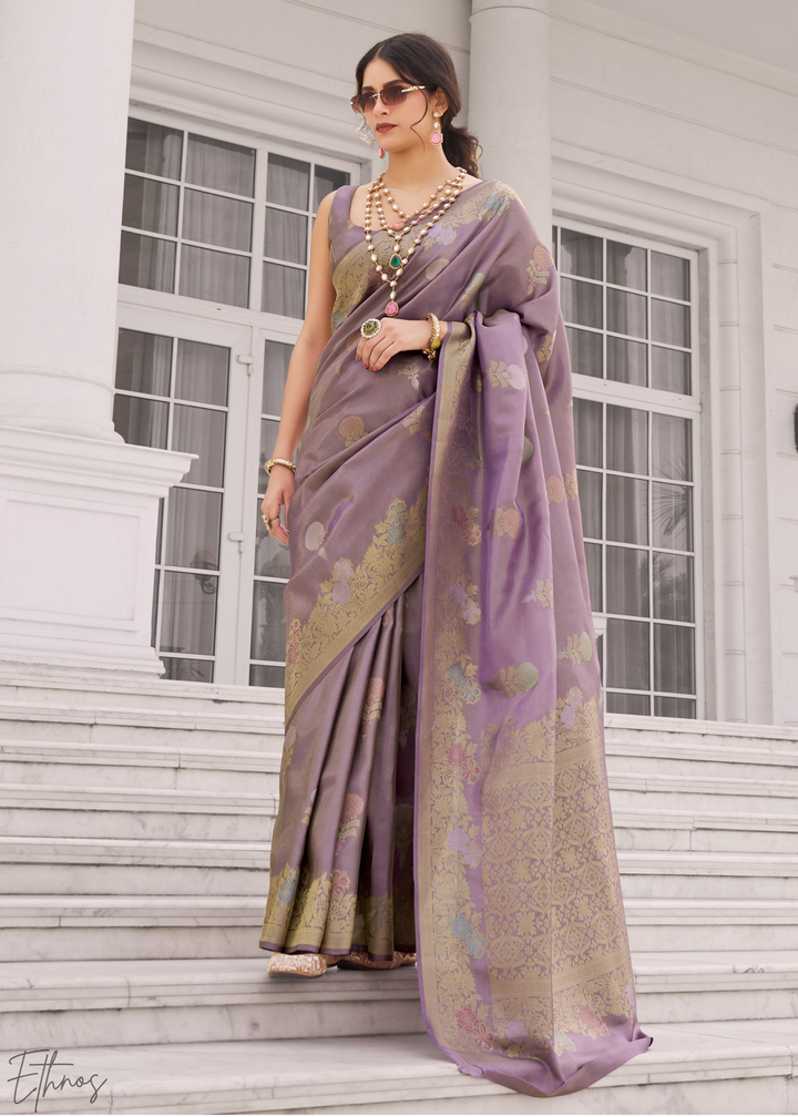 Lavender Grey Damask Kora Silk Saree