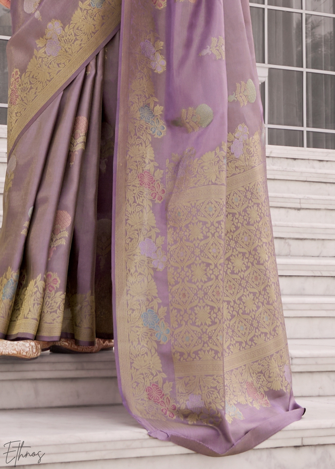 Lavender Grey Damask Kora Silk Saree