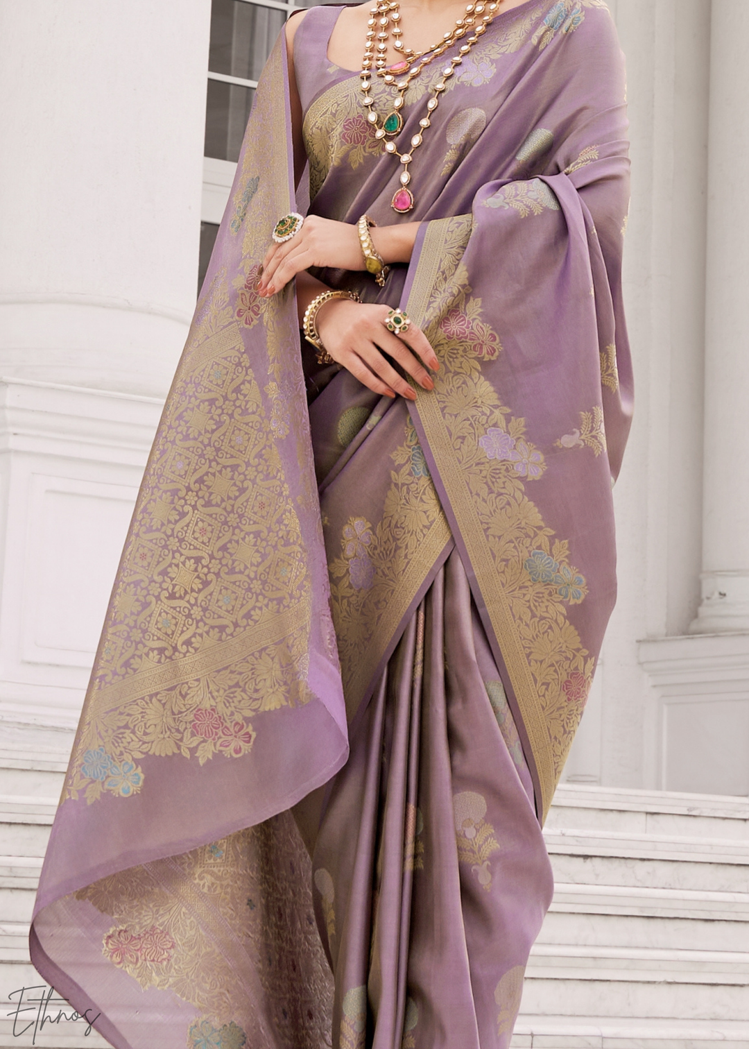 Lavender Grey Damask Kora Silk Saree