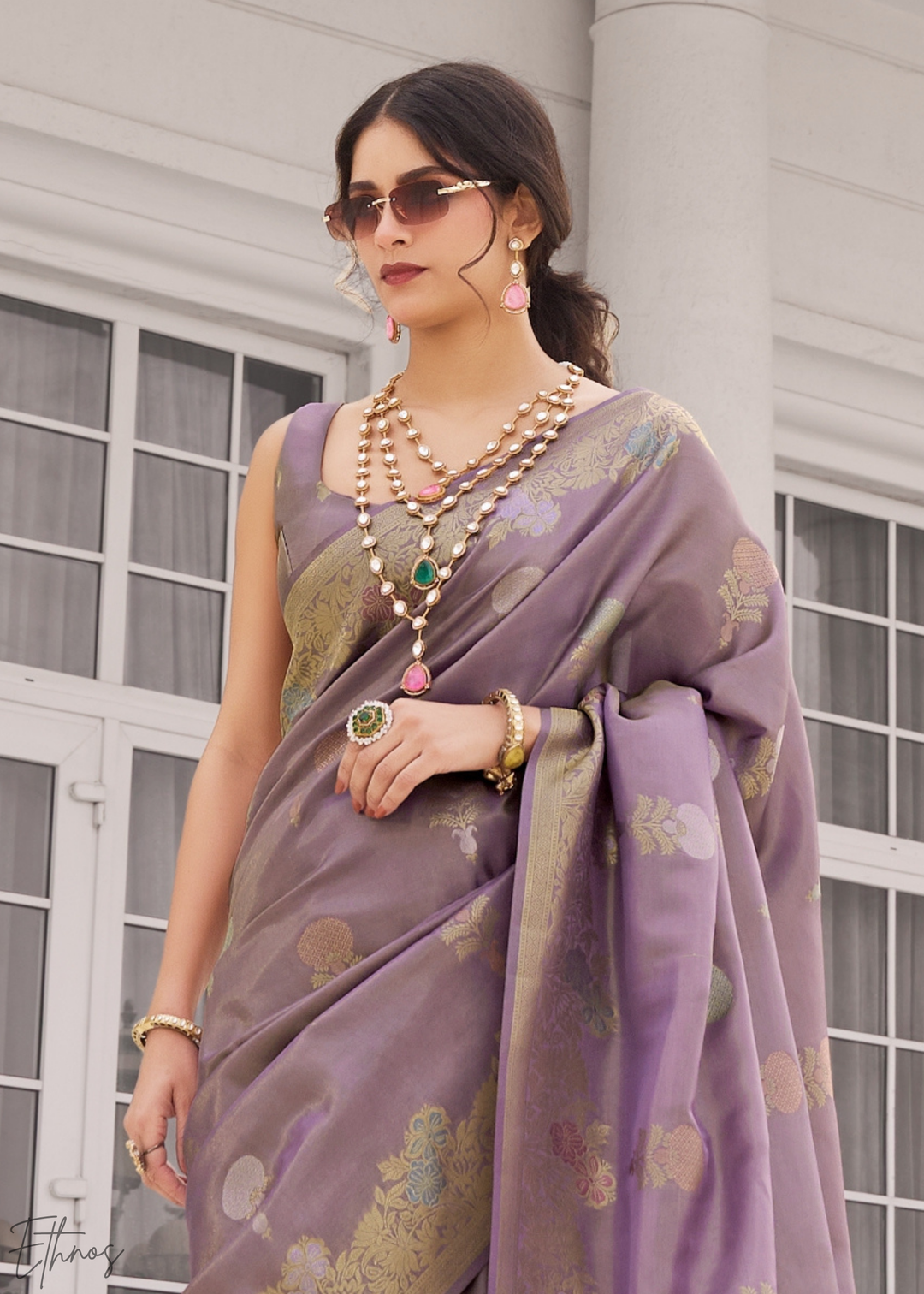Lavender Grey Damask Kora Silk Saree