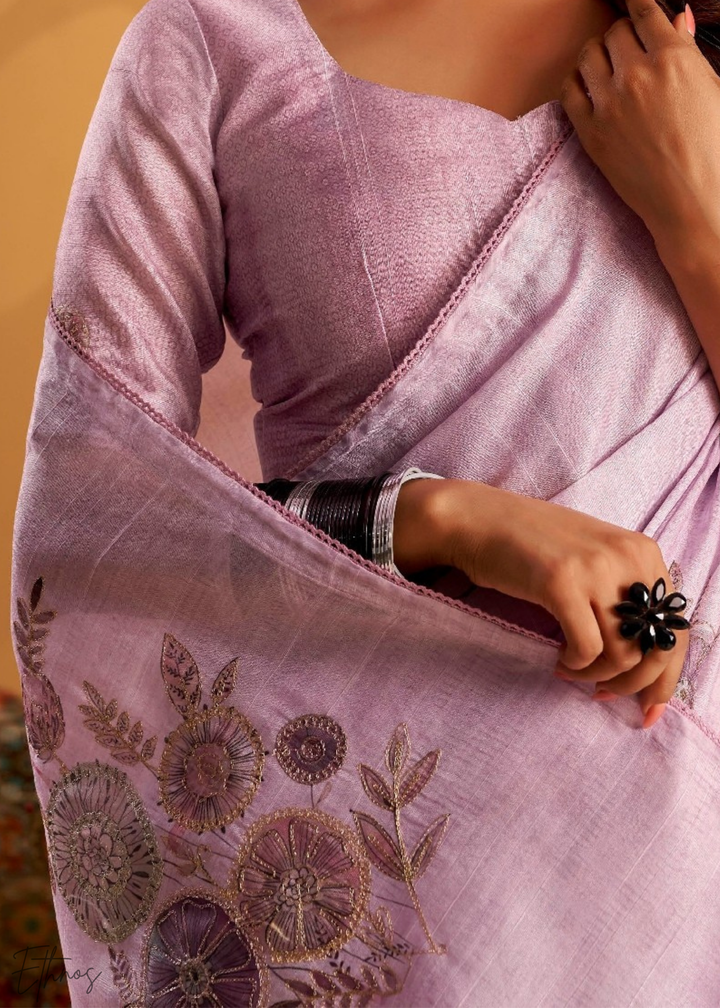 Lavender Orcahrd Kasheeda Tusser Silk Saree
