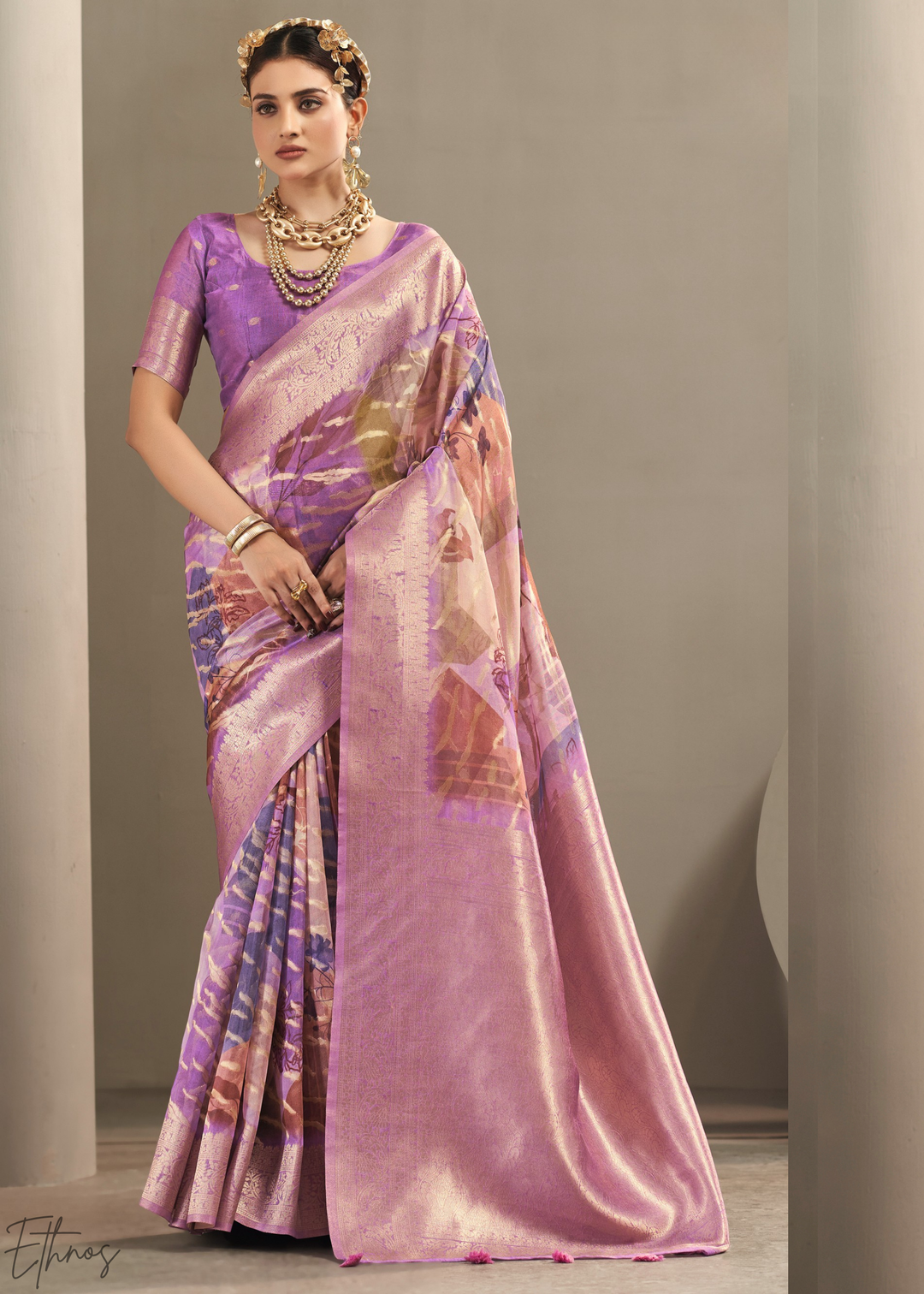 Lavender Lilac Abstract Digital Print Metallic Vellora Saree