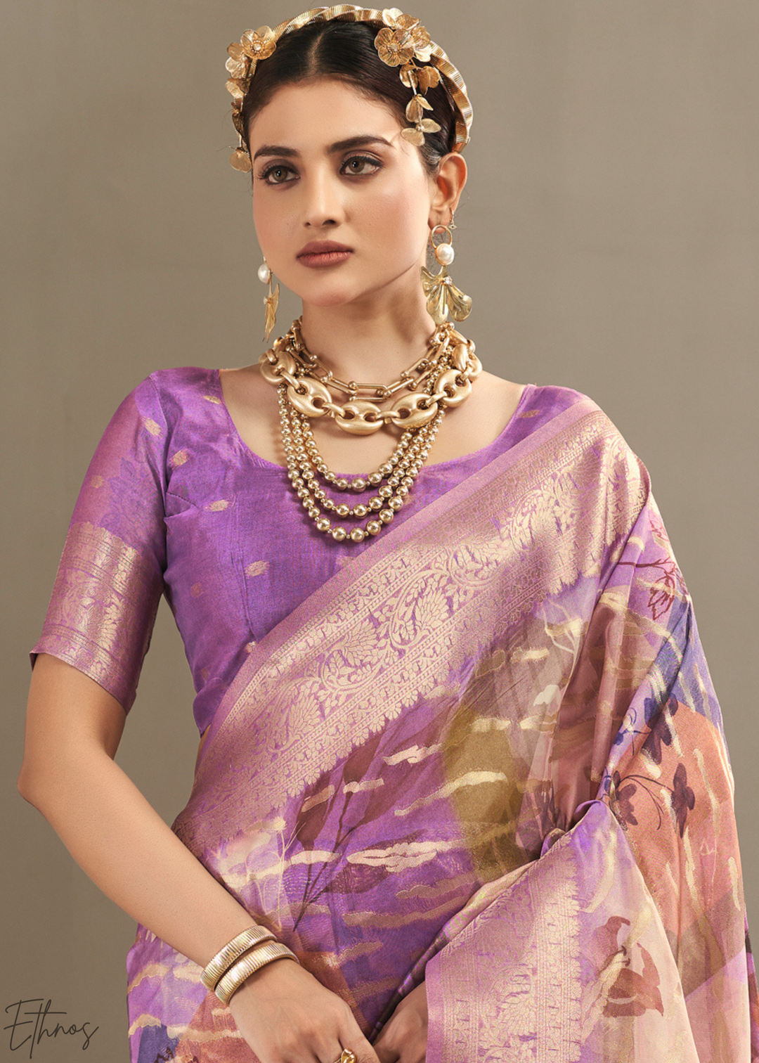 Lavender Lilac Abstract Digital Print Metallic Vellora Saree