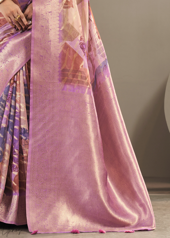 Lavender Lilac Abstract Digital Print Metallic Vellora Saree