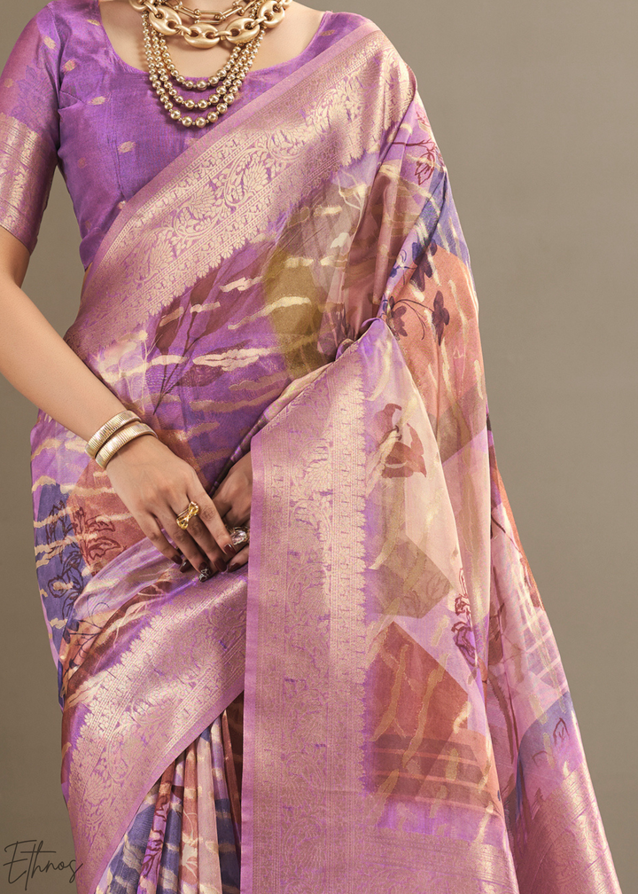 Lavender Lilac Abstract Digital Print Metallic Vellora Saree